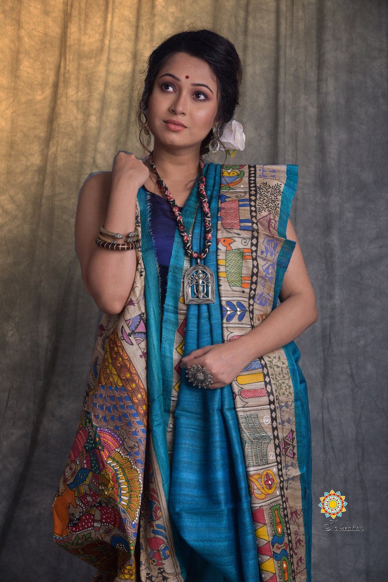 Unique Madhubani and Worli hand painted fusion sari on Pure Tussar with Blouse Piece
