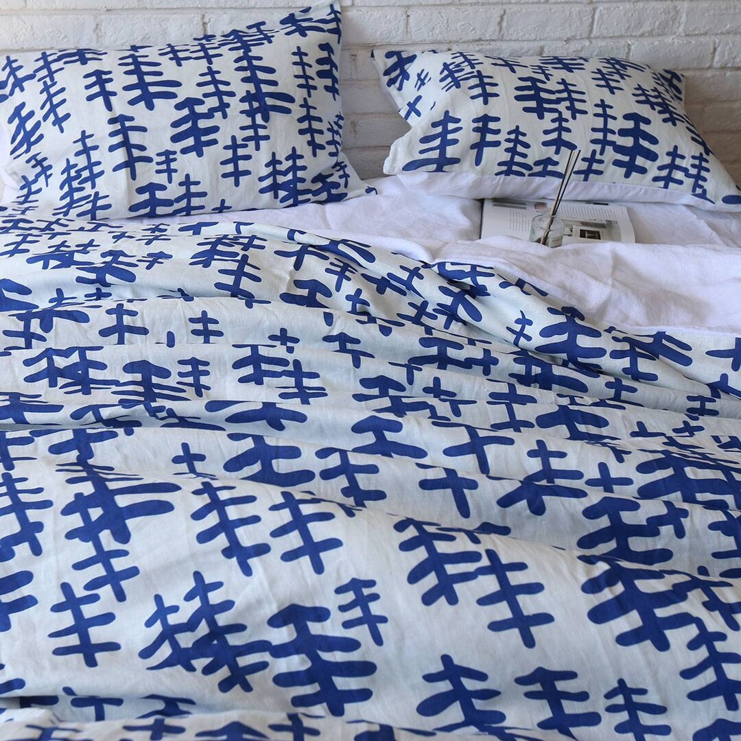 100 Flax Linen Duvet Cover Set With Floral Print Twotone Etsy