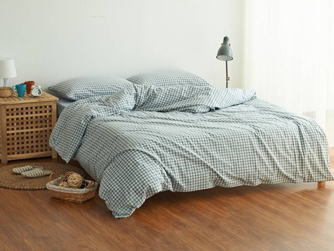 100 Cotton Blue Gingham Duvet Cover Set US Australia Queen Etsy