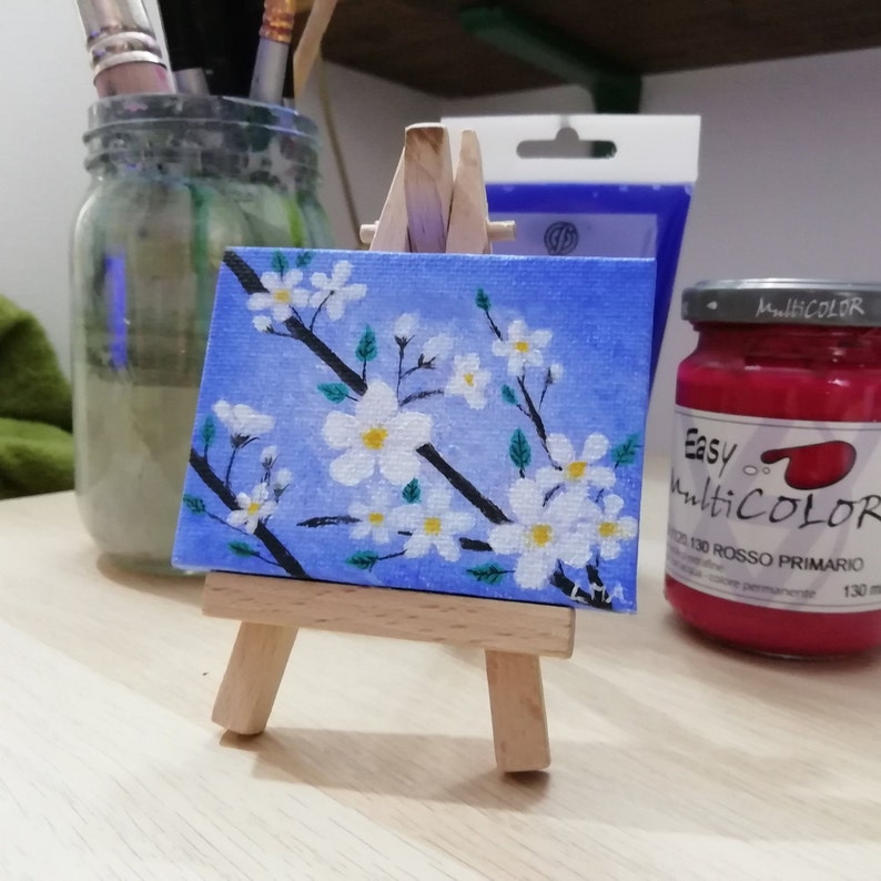 Mini lienzo pintado a mano colores acrílicos blanco flores Etsy
