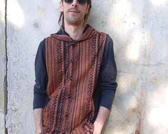 Men's sleeveless hoodie with tribal geometric print
