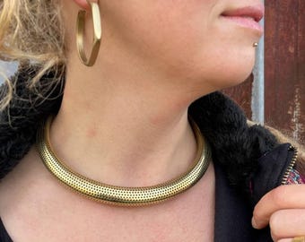 Brass Tribal Choker Necklace: Geometric Collar, Adjustable
