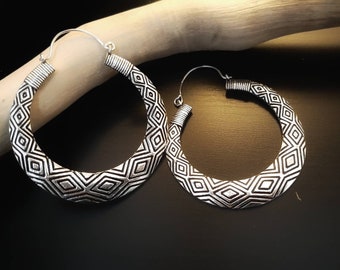 Large Geometric Tribal Hoop Earrings, Silver Statement Earrings, Bold Ethnic Pattern Jewelry