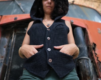 Unisex Black Ethnic Hooded Vest – Boho Medieval Festival Wear – Psytrance Outfit