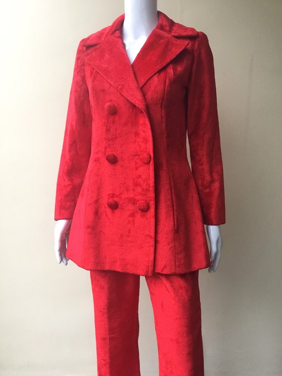 1970's Fire Engine red plush velvet trouser suit