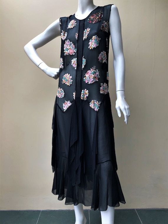 1920s silk chiffon floral bouquet devore dress