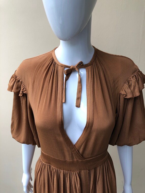 Original 1970s Ossie Clark bronze crepe plunge fro