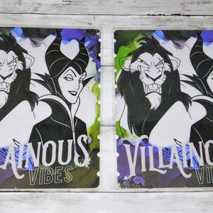 May include: Two planner dashboards featuring illustrations of Scar from The Lion King and Maleficent. The text "Villainous Vibes" is displayed in white. The background has a watercolor effect with green, blue, and purple hues.