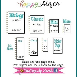 May include: A chart displaying the sizes of various planner pages, including Big (8.5x11 inches), Classic (7x9.25 inches), Mini (4.6x7 inches), and Micro (3x4 inches). The chart also shows a half sheet and sticker page sizes.