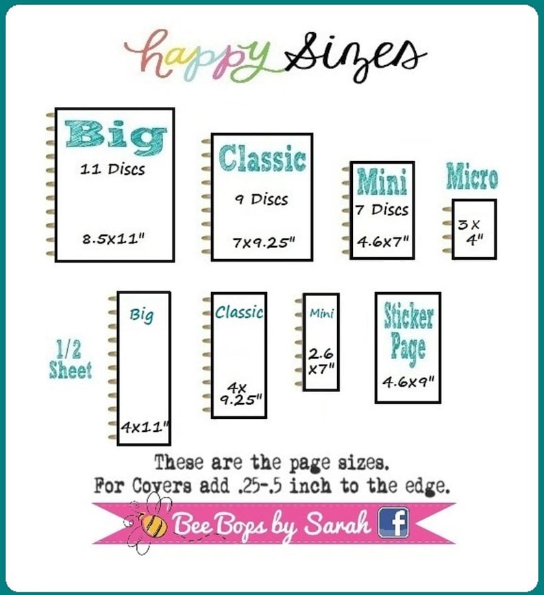 May include: A chart displaying the sizes of various planner pages, including Big (8.5x11 inches), Classic (7x9.25 inches), Mini (4.6x7 inches), and Micro (3x4 inches). The chart also shows a half sheet and sticker page sizes.