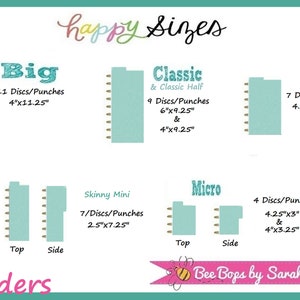 May include: A teal-colored graphic displays the sizes of dividers, including Big (4"x11.25"), Classic (6"x9.25" & 4"x9.25"), Mini (4.25"x7.25"), Skinny Mini (2.5"x7.25"), and Micro (4.25"x3" & 4"x3.25"). The text "happy sizes" is at the top.
