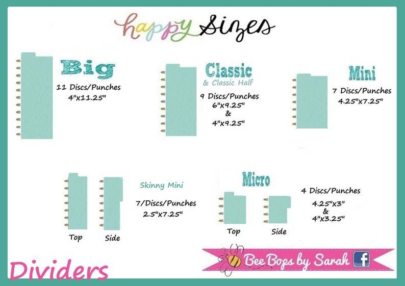 May include: A teal-colored graphic displays the sizes of dividers, including Big (4"x11.25"), Classic (6"x9.25" & 4"x9.25"), Mini (4.25"x7.25"), Skinny Mini (2.5"x7.25"), and Micro (4.25"x3" & 4"x3.25"). The text "happy sizes" is at the top.