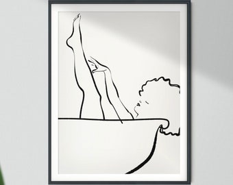 Impresión de arte de línea desnuda / arte de pared imprimible, niña en la bañera, dibujo de línea mínima de figura femenina, mujer afro negra moderna, cabello natural negro