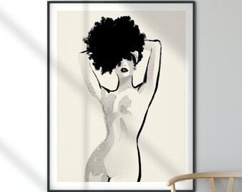 Nude Line Art | Sztuka ścienna do druku, Sztuka czarnoskórych kobiet, Rysunek liniowy postaci, Włosy ananasa, Druk feministyczny, Opaska z naturalnych włosów afro