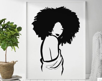 Impresión de arte de línea desnuda / arte de pared imprimible, arte de mujer negra, figura femenina, dibujo de línea mínima, mujer con afro, cabello natural de impresión feminista