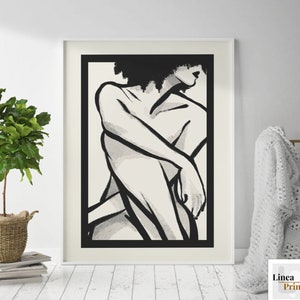 Black Woman art, African American art, Line Drawing, Printable wall art, Afro Latina, feminist print, curly hair art, seated black girl