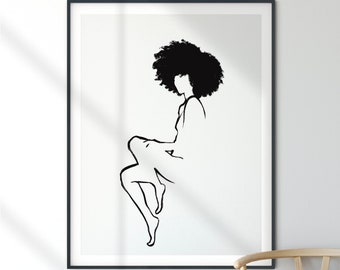 Impresión de arte de línea desnuda / arte de pared imprimible, arte de mujer negra, dibujo de línea mínima, mujer sentada, impresión feminista, cabello natural afro