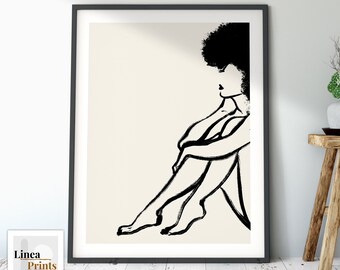 Impresión de arte de línea desnuda / arte de pared imprimible, figura femenina en blanco y negro, dibujo de línea mínima, mujer afro negra moderna, cabello natural negro