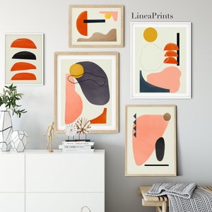 Set von 5 Mid Century Kunstdrucken, druckbare Wandkunst, modernes Druckset, Rot Orange Pink Beige Drucke, Minimal Abstrakte Geometrische Wandkunst