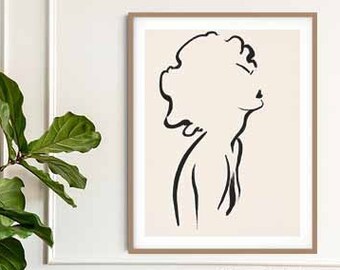 Wydruk sztuki nagości | Wydrukowana sztuka ścienna, Sztuka czarnej kobiety, Postać kobieca, Minimalistyczny rysunek liniowy, Kobieta z afro, wydruk feministyczny naturalne włosy