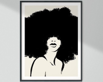Black woman line drawing | Printable wall art, big Afro art, Female portrait, Minimal line drawing, feminist print natural hair art