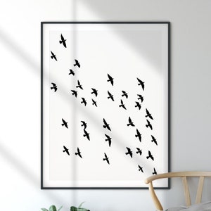 Minimal birds art print. Printable wall art, flock of birds poster, summer birds, black and white birds, aesthetic room decor, birds in sky