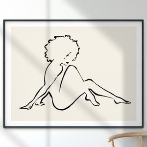 Woman Line Drawing | Printable wall art, Black Female Figure art print, Minimal line art, modern Black afro woman, black natural hair