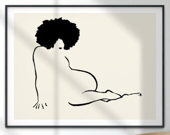 Nagi wydruk liniowy | Sztuka ścienna do druku, Sztuka czarnoskórych kobiet, Sztuka do sypialni, Minimalistyczny rysunek liniowy, Kobieta z afro, feministyczny wydruk kobieta w łóżku
