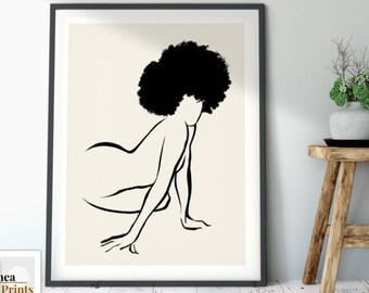 Wydruk sztuki nagości | Wydrukowana sztuka ścienna, Sztuka czarnej kobiety, Postać kobieca, Minimalistyczny rysunek liniowy, Kobieta z afro, wydruk feministyczny naturalne włosy