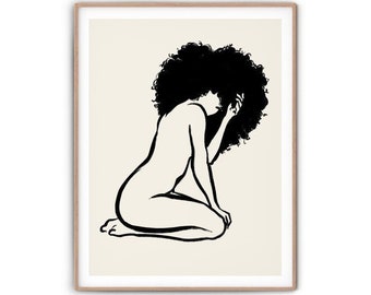 Sztuka czarnej kobiety, wydruk nagiej linii artystycznej | Sztuka ścienna do druku, wydruk kręconych włosów, minimalistyczny rysunek linii, wydruk feministyczny, Afro Latina