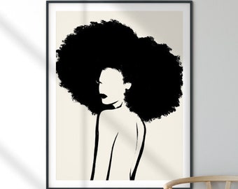Wydruk sztuki nagości | Wydrukowana sztuka ścienna, Czarna kobieta z dużym afro, Portret kobiety, Minimalistyczny rysunek linii, wydruk sztuki feministycznej z naturalnymi włosami