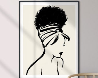 Arte donna nera / arte murale stampabile, arte linea nuda, figura femminile minima, donna con involucro per la testa e capelli naturali, stampa femminista