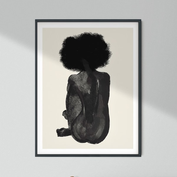 Ebenholz Frau Kunstdruck | Druckbare Wandkunst, Schwarze Frau Kunst, Minimal Strichzeichnung, Latina mit Afro, feministischer Druck, natürliches Haar