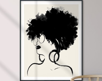 Wydruk sztuki nagości | Wydrukowana sztuka ścienna, Sztuka czarnoskórej kobiety, Owijka do włosów, Minimalistyczny rysunek liniowy, Kobieta z afro, feministyczny wydruk naturalnych włosów
