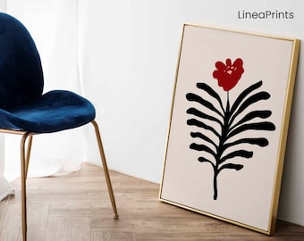 Minimal Abstract Red Rose print | Printable art, Large Abstract Wall Art, Matisse style poster, Minimal flower poster, red rose flower