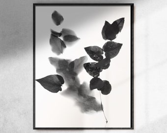 Stampa ad acquerello ramoscello e foglia, arte della parete stampabile, stampa foglia minima in bianco e nero , stampa d'arte botanica, arredamento estetico per la casa,