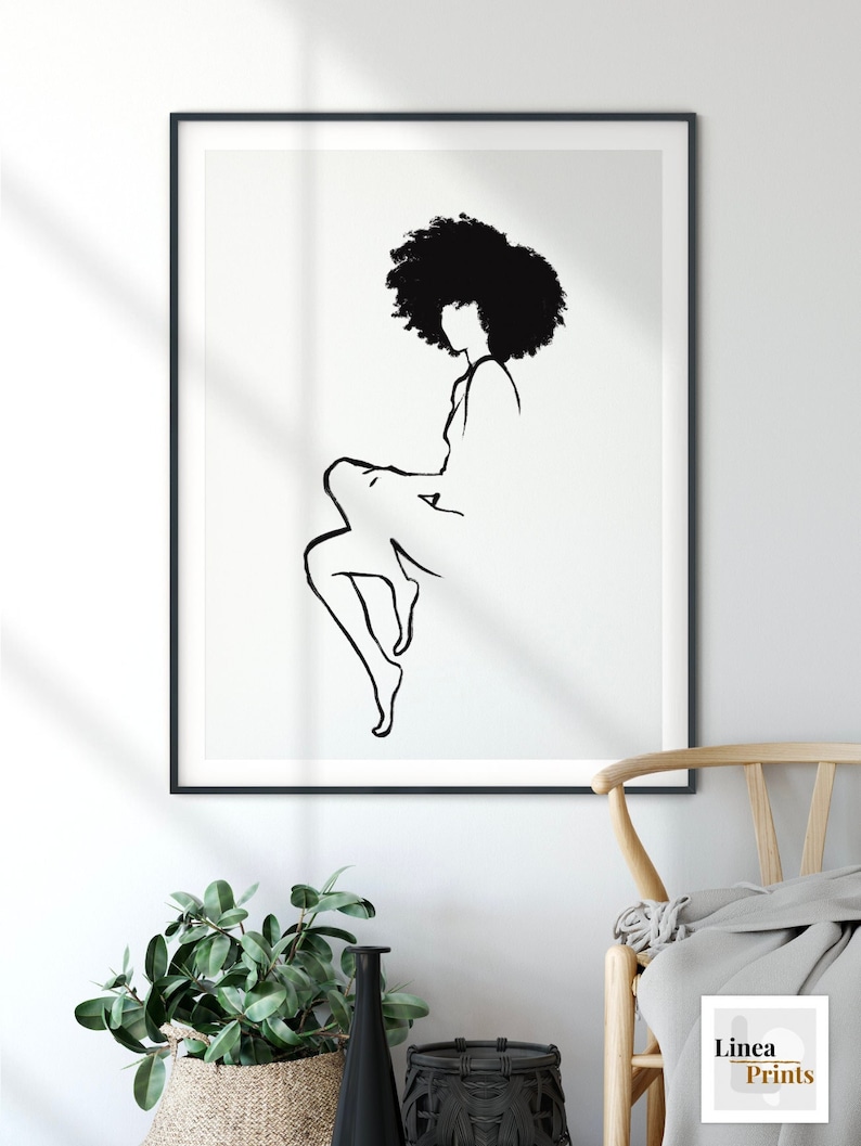 Nude Line Art Print | Printable wall art, Black woman art, Minimal line drawing, Seated woman, feminist print, natural hair afro 