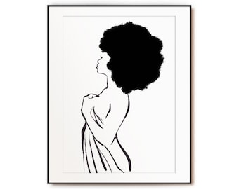 Czarna kobieta rysunek liniowy | Wydrukowana sztuka ścienna, Czarna sztuka, Wielka sztuka afro, Jedna linia, Kobieta z prześcieradłem, sztuka feministyczna, naturalne włosy, miłość do siebie
