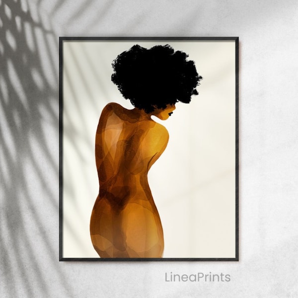 Nude watercolor painting | Printable wall art, black woman art, afro Latina, natural hair print, black art, feminist painting