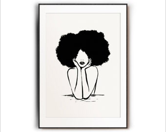 Rysunek linii czarnej kobiety | Sztuka ścienna do druku, Ciekawa dziewczyna, Linia sztuki ust, Minimalistyczne usta, Afro art naturalny nadruk włosów, feministyczny nadruk