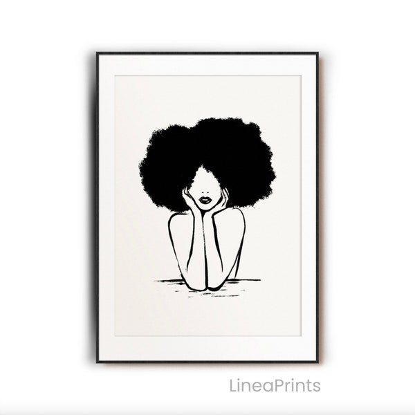 Black woman line drawing | Printable wall art, Curious girl, Lips line art, Minimalist lips, Afro art natural hair print, feminist print