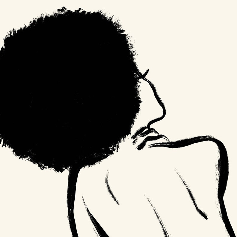 Puede incluir: Ilustraci&oacute;n en blanco y negro de l&iacute;nea de arte de una persona con un peinado afro. La persona est&aacute; de espaldas al espectador y su espalda es visible. La ilustraci&oacute;n est&aacute; hecha en un estilo minimalista.