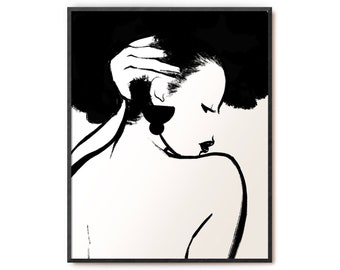 Duża sztuka włosów afro | Sztuka ścienna do druku, Sztuka czarnej kobiety, Minimalistyczny rysunek linii, Profil kobiety, Feministyczny nadruk naturalnych włosów, Afro Latynoska