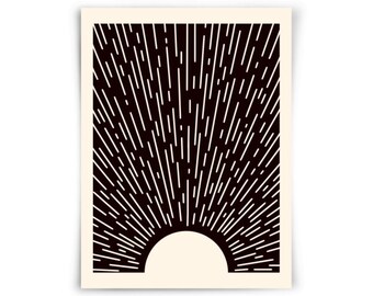 Impressão da arte de Sun do horizonte | Arte de parede para impressão, pôster minimalista abstrato do nascer do sol, raios solares geométricos modernos