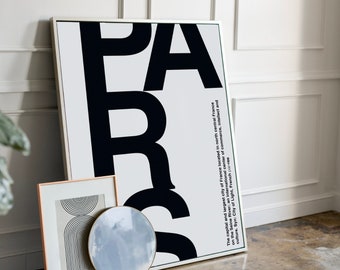 Wydruk ścienny PARIS, grafika ścienna do druku, wydruk typograficzny Paryża, plakat z napisem Paryż, plakat z typografią Paryża, nowoczesny wydruk Paryża, cytat z Paryża
