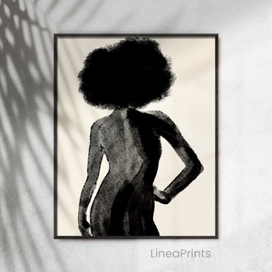 Black woman art print | Printable wall art, black painting,  Minimal line drawing, Latina with Afro, feminist print, natural hair
