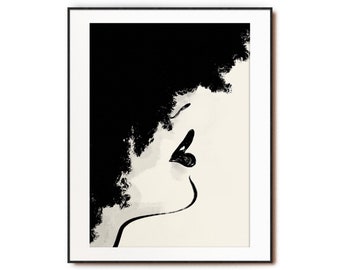 Rysunek linii czarnej kobiety | Wydrukowana sztuka ścienna, Linia sztuki ust, Minimalistyczne usta, Afro art naturalny nadruk włosów, nadruk feministyczny