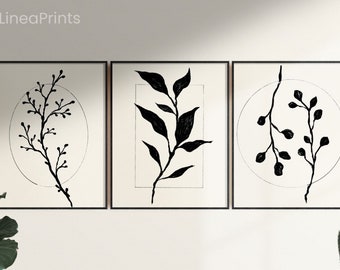 Zestaw botanicznych grafik 3 szt. | Wydrukowana sztuka ścienna, wydruk ścienny z jesiennymi liśćmi, wiosenny liść, zestaw wydruków z jesiennymi liśćmi w formie rysunków liniowych