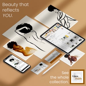 May include: A collection of digital art prints featuring black and white line drawings of women with afro hairstyles. The prints are available in various sizes and are perfect for adding a touch of modern art to any space. The text "Linea Prints" is featured on the prints and in the image.