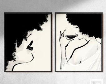 Zestaw dwóch dzieł sztuki Afro Latina | Sztuka czarnoskórych kobiet, dekoracja ścienna galerii, wino kobiece, sztuka feministyczna, sztuka Nude Line, kręcone kręcone włosy